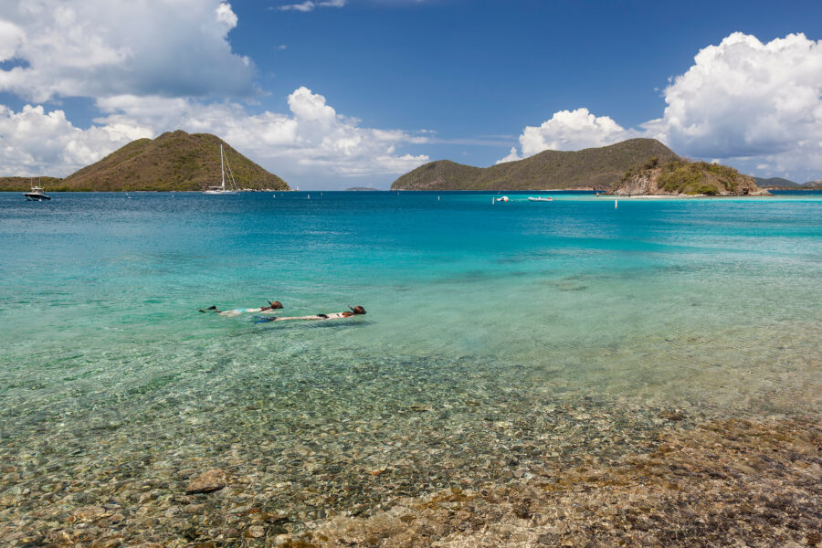 Underwater view of a snorkeler surrounded by diverse fish and coral at Leinster Bay, St. John, in the U.S. Virgin Islands