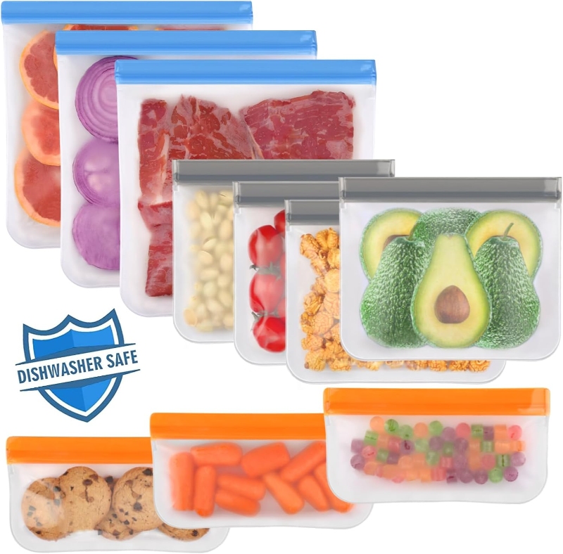 10 Lerine silicone reusable bags containing assorted foods, highlighting sustainable and practical food storage solutions.