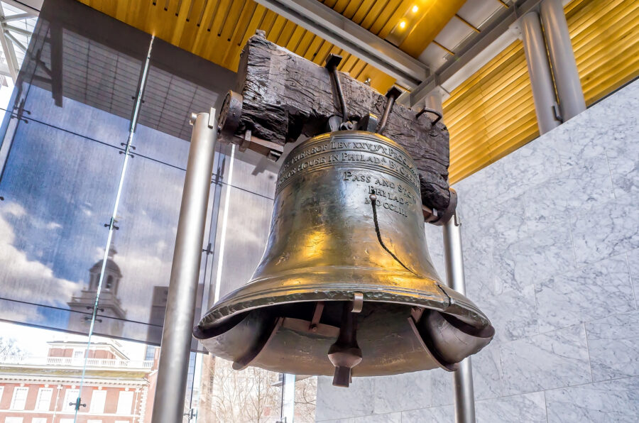 Close-up of the Liberty Bell, a historic symbol of American independence, located in Philadelphia, Pennsylvania.