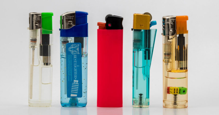 Vibrant lighters collection showcasing diverse designs and colors, emphasizing functionality and style.