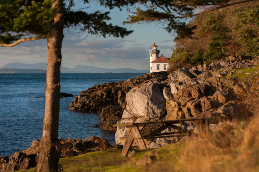 The Lime Kiln Lighthouse, an active navigational aid, is located at Lime Kiln Point, ensuring safe passage for maritime traffic.
