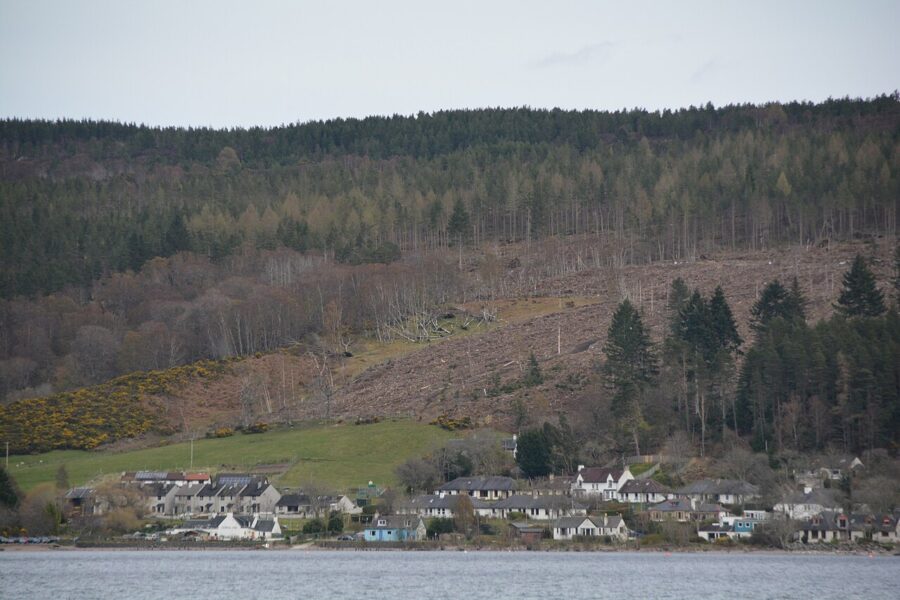 Boat navigates the waters near a small town, showcasing the serene landscape of Loch Ness, Scotland.