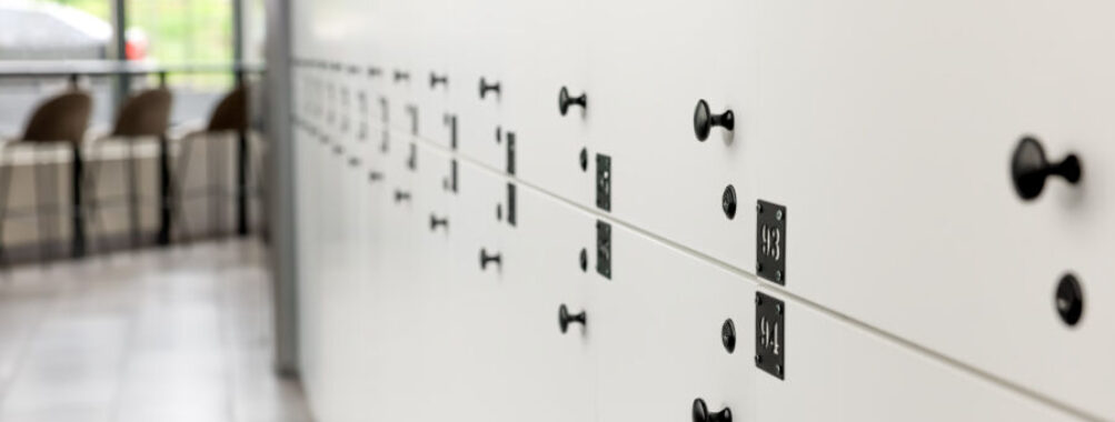Multiple white lockers arranged in neat rows, creating a uniform appearance