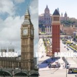 London and Barcelona skyline comparison: Big Ben, Palace of Westminster, Plaça dEspanya, and Palau Nacional.