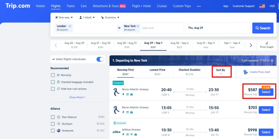 Trip.com flight booking interface from London to New York with prices and options.