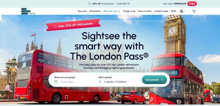 The London Pass website displayed on a computer screen, showcasing various attractions and ticket options.