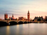 Sunset over Thames, Big Ben, Westminster Bridge, capturing iconic London skyline.