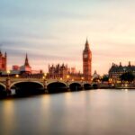 Iconic London view with Big Ben, Parliament, River Thames, and sunset reflections.