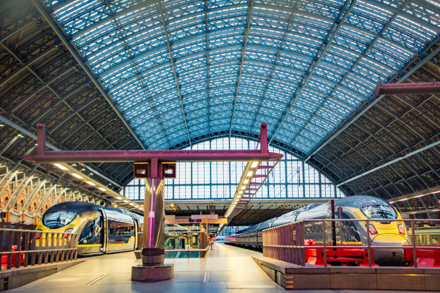 Eurostar trains on the platform at St Pancras International railway station in London.
