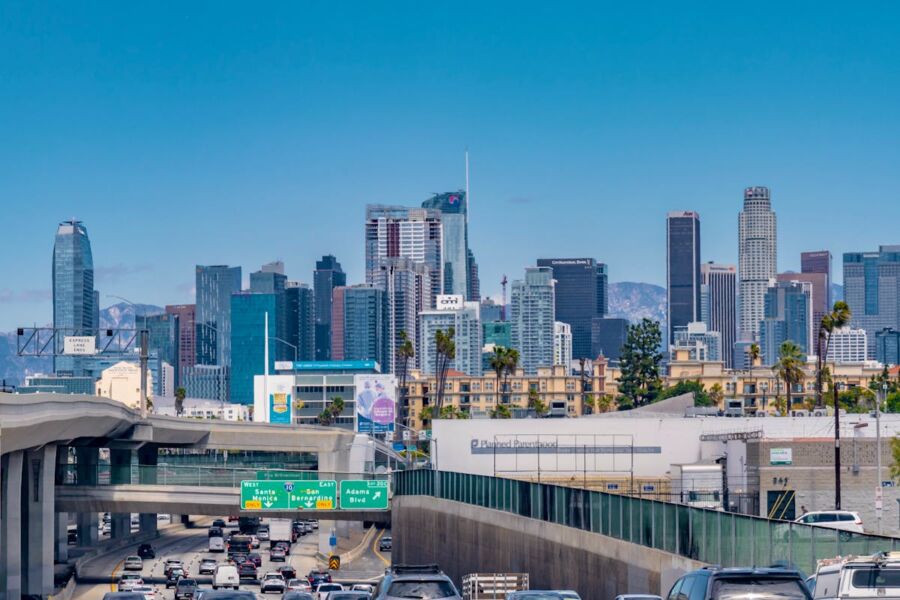 Los Angeles urban skyline with busy highways, skyscrapers, palm trees, and clear blue sky.