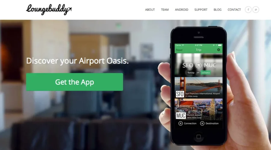 LoungeBuddy app promo: Enhance travel experience at airports like SFO and MUC.