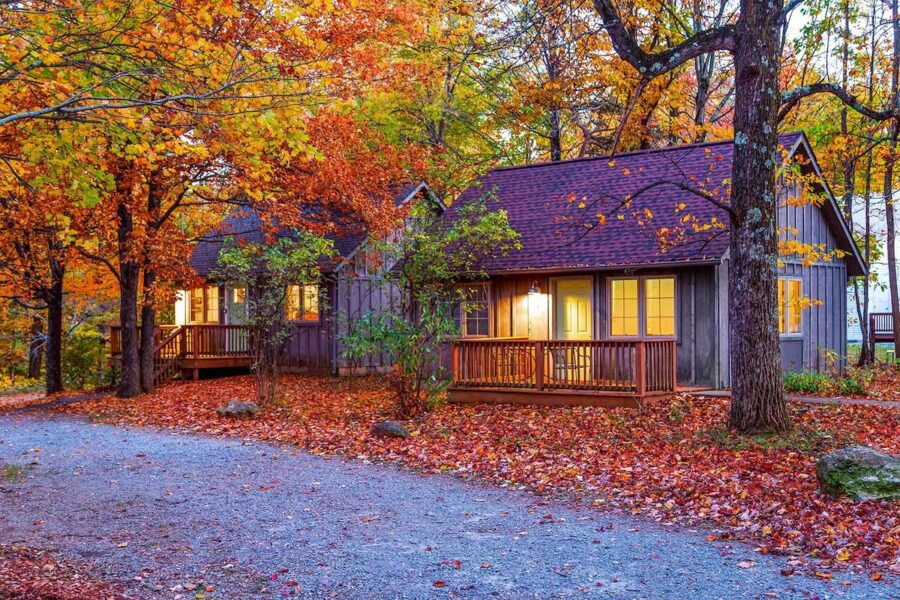 Close-up view of cozy cabins at Love Ridge Mountain Lodging, surrounded by lush greenery and scenic mountain views.