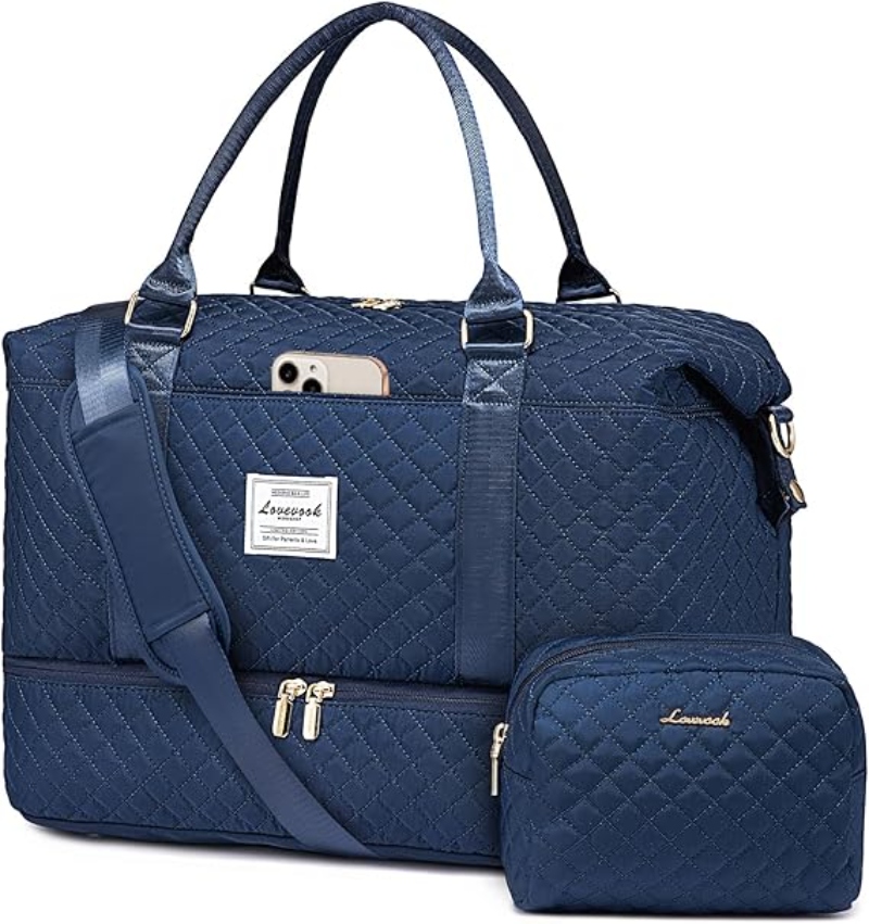 Blue LOVEVOOK weekender duffel bag featuring two spacious compartments for organized travel.