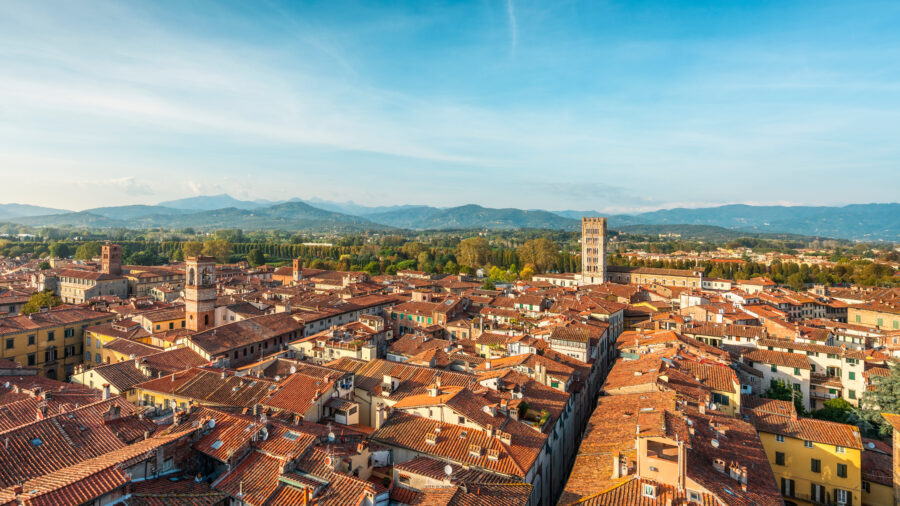 Aerial view of Lucca, showcasing its historic architecture and lush landscapes in Tuscany, Italy