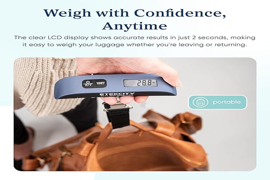 Portable digital luggage scale with LCD display, ergonomic design, and dual-unit measurement for travelers.