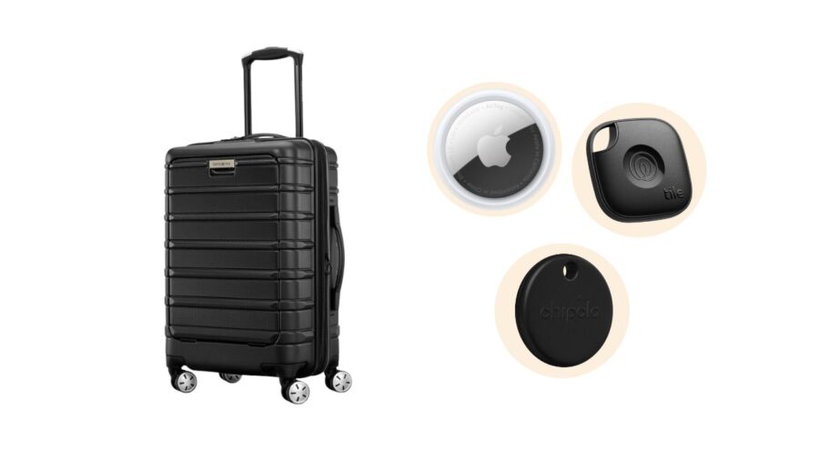 Black suitcase with a telescopic handle on the left, beside three luggage tracking devices: AirTag vs Tile vs Chipolo