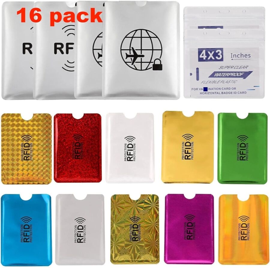 16-piece Luumxai RFID sleeve set, including RFID card holders and a card reader for secure card protection and scanning.