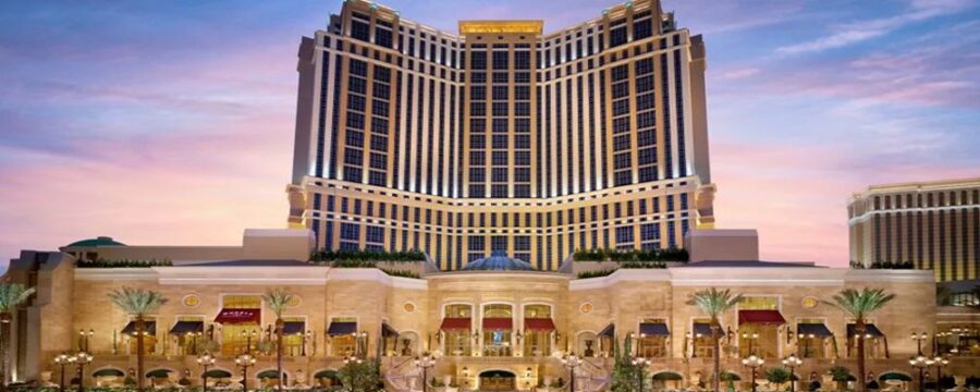luxury hotel casino facade sunset