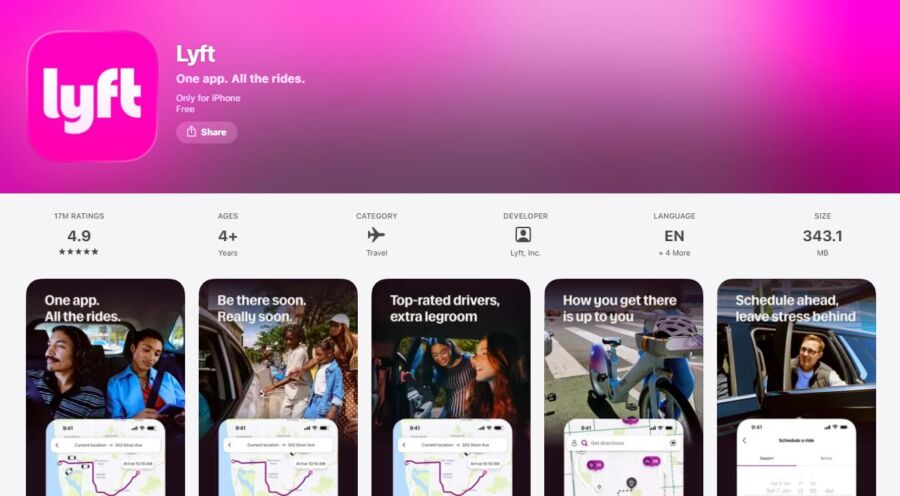 Lyft app displayed on an iPhone screen within the App Store interface