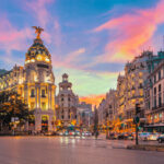 Madrid city skyline gran via street twilight , Spain