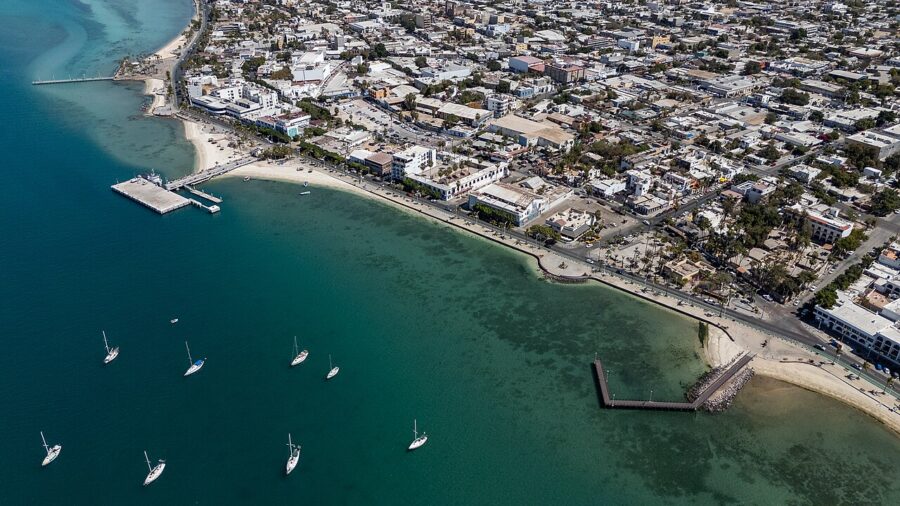 Aerial view of the Malecon in La Paz, Baja California Sur, showcasing the waterfront promenade and surrounding landscape.