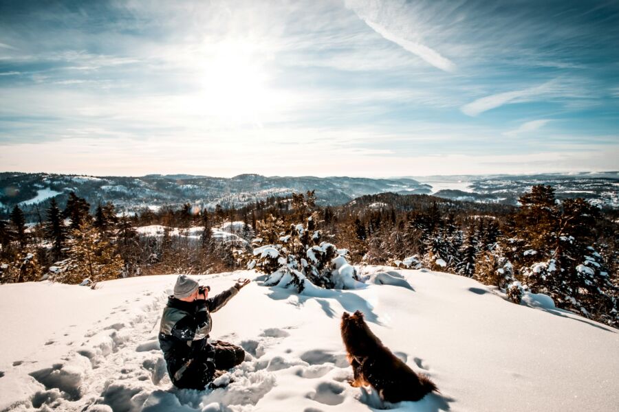 Man with pet dog at a winter park
