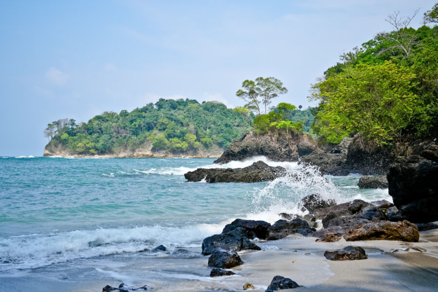 Scenic beach view at Manuel Antonio National Park in Costa Rica, featuring lush greenery and gentle waves lapping the shore