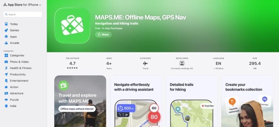 App Store page for MAPS.ME: Offline Maps, GPS Nav. Green header with app icon, rating 4.7 stars, age 4+, travel category