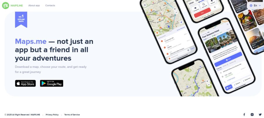 Maps.me app promotional image featuring smartphone screens with maps, routes, and travel information. Text emphasizes it as a journey companion. Includes App Store and Google Play logos on a clean, modern layout.