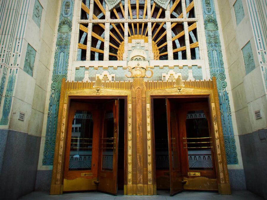 Ornate entrance doors of the Marine Building, part of the Vancouver Hidden History Guided Walking Tour with Sweets Tasting.