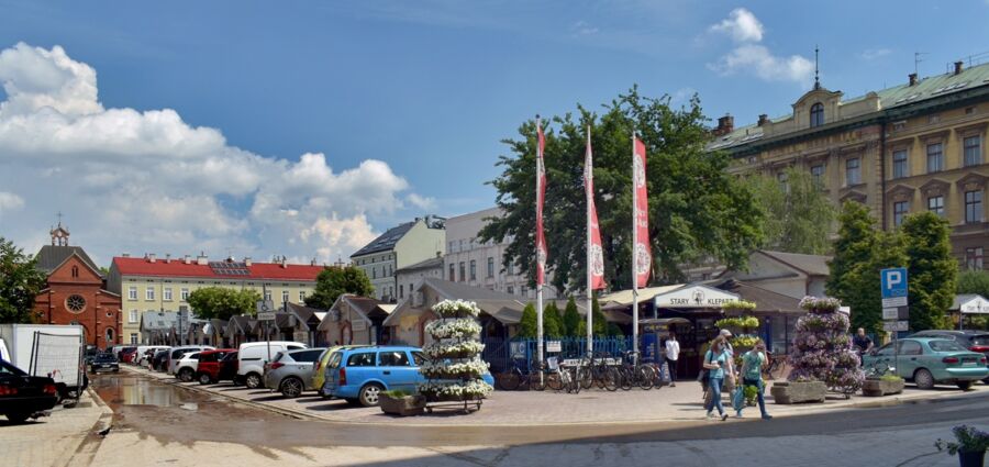 Urban square with parked cars, flower stalls, historic buildings, and vibrant market activity.