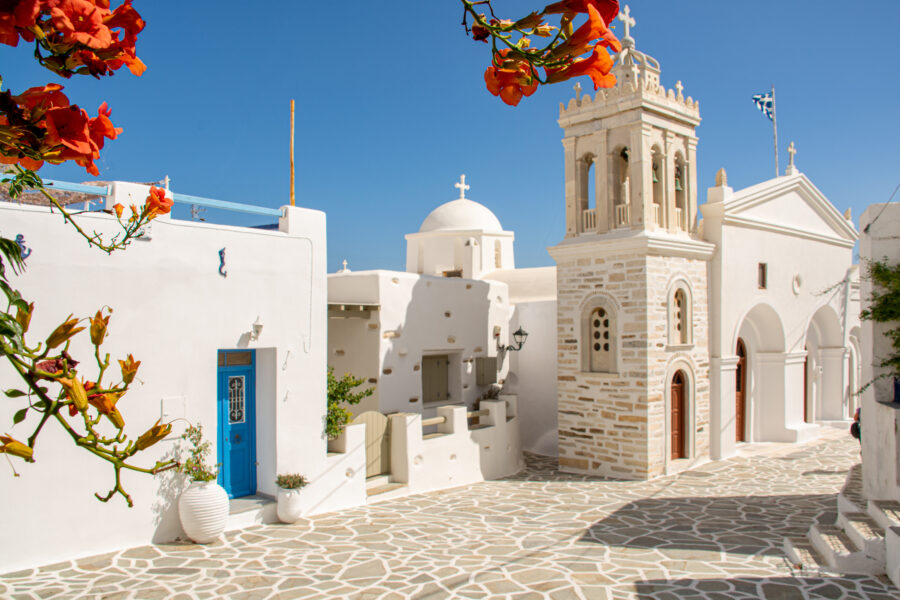 Church located in the center of Marpissa, a picturesque village on the island of Paros, Greece.