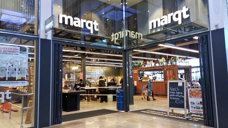Large store Marqt Gelderlandplein in Amsterdam, featuring a prominent sign displaying the store's name.