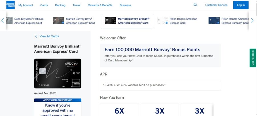 Webpage showcasing Marriott Bonvoy Brilliant American Express Card. Highlights include 100,000 bonus points offer, a $650 annual fee, and details on earning points.