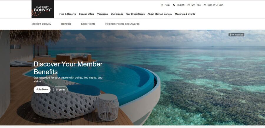 Oceanfront deck with a circular infinity pool overlooking clear turquoise waters. Text reads "Discover Your Member Benefits" with join and sign-in options.