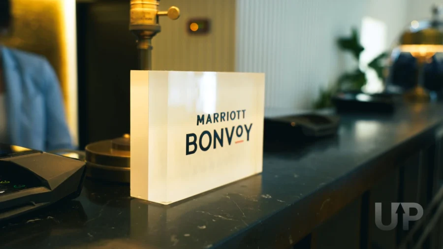 Marriott Bonvoy hotel reception showcasing modern design, technology, and professional service.