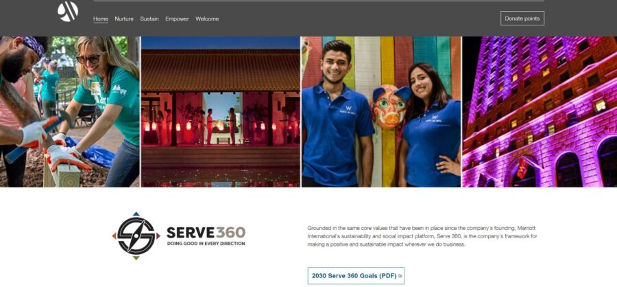 Collage of diverse activities: people planting, a red-lit building, two smiling individuals with a mask, and a vibrant purple-lit urban scene. Text displays 'Serve 360: