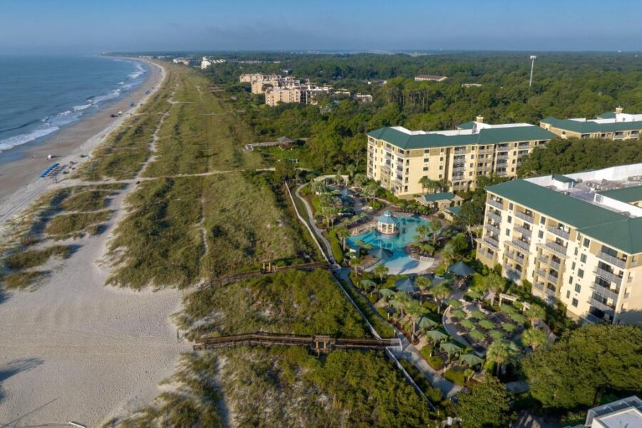 Aerial view of Marriott's Barony Beach Club, showcasing the oceanfront resort and beach in Hilton Head Island, South Carolina
