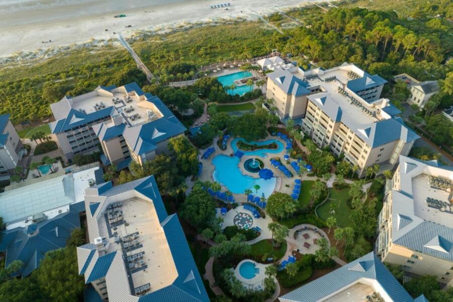 Aerial view of Marriott's Grande Ocean resort on Hilton Head Island, showcasing beach access and lush surroundings.