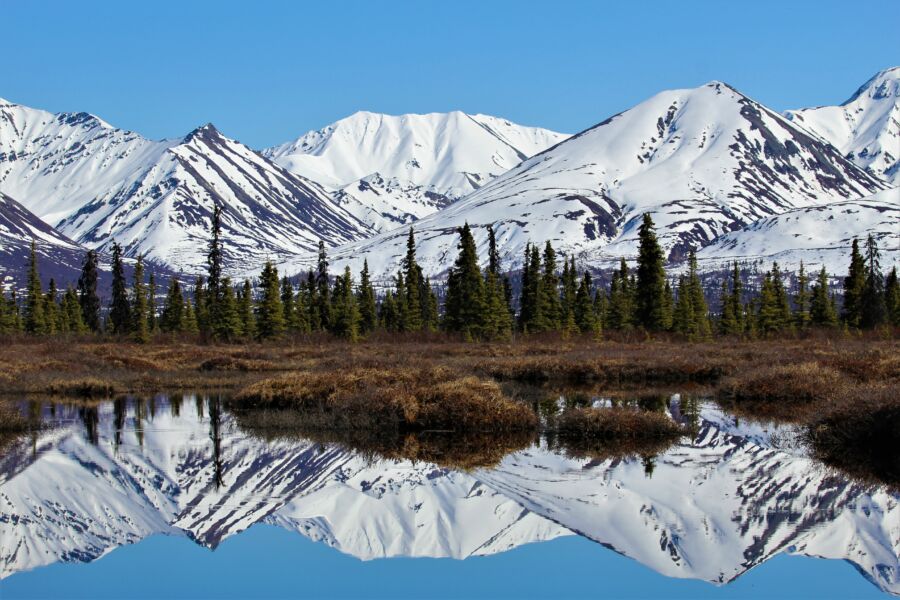 Reflection of the Chugach Mountains in a tranquil vernal pond, highlighting the picturesque scenery of Mat-Su Valley, Alaska