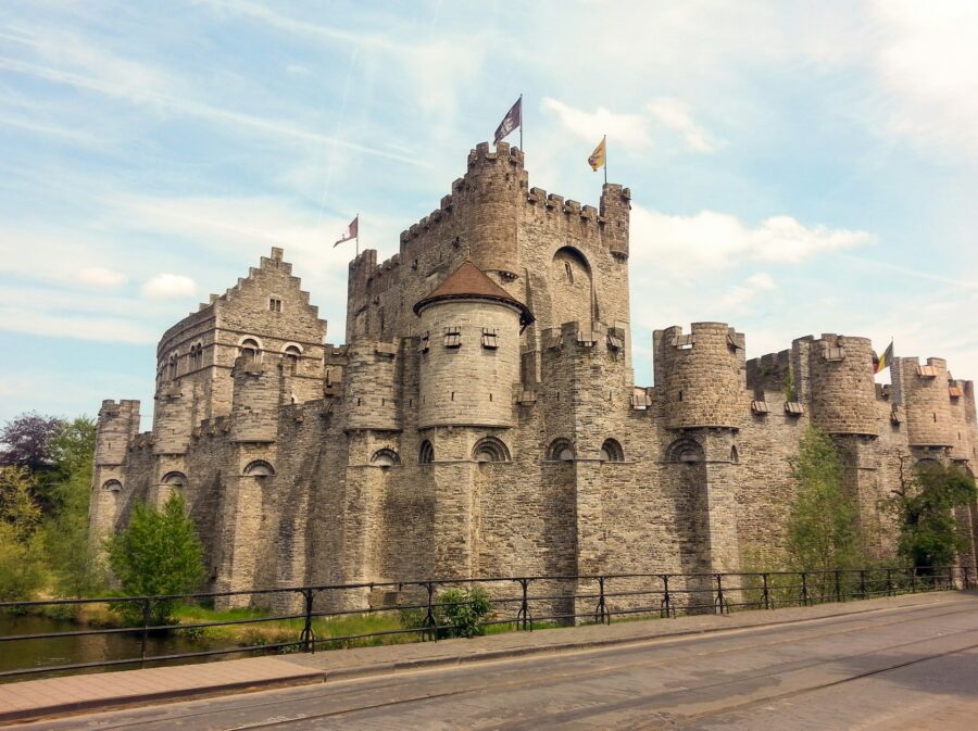 Gravensteen medieval stone castle and moat in Ghent, Belgium.