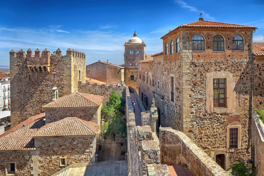 Medieval fortress and residential architecture amidst nature, under a bright blue sky.