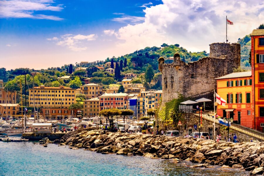 Santa Margherita Ligure, Italy: Mediterranean harbor with fortress, colorful waterfront and marina.