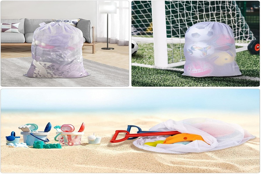Versatile mesh bag for indoor, outdoor, beach storage of toys and sports gear.