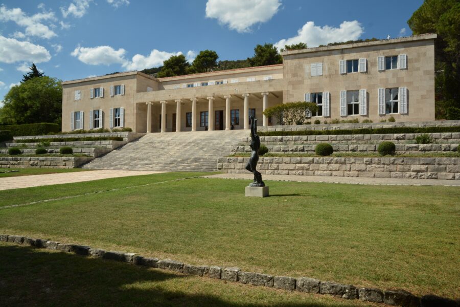 Panoramic view of Mestrovic Gallery in Split, Croatia, showcasing its stunning architecture and surrounding landscape.