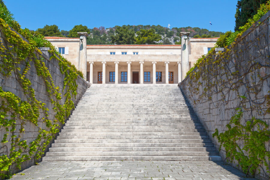 Front view of Mestrovic Gallery in Split, showcasing its elegant architecture and inviting staircase.