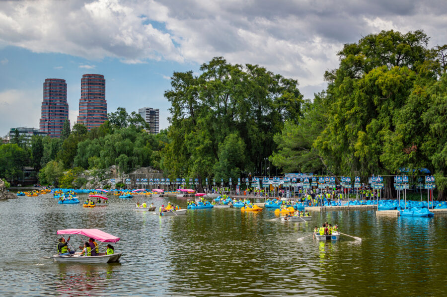 Scenic landscape of Chapultepec Park in Mexico City, featuring trees, walking paths, and visitors enjoying the outdoors