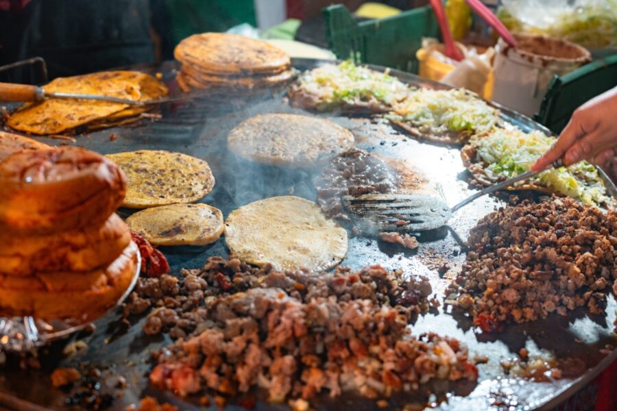 Colorful tacos with various toppings showcasing vibrant street food in downtown Mexico City