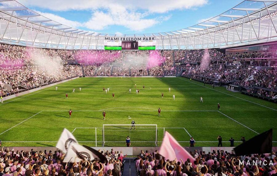 Miami Freedom Park stadium hosting an electrifying soccer match with vibrant fans and players.