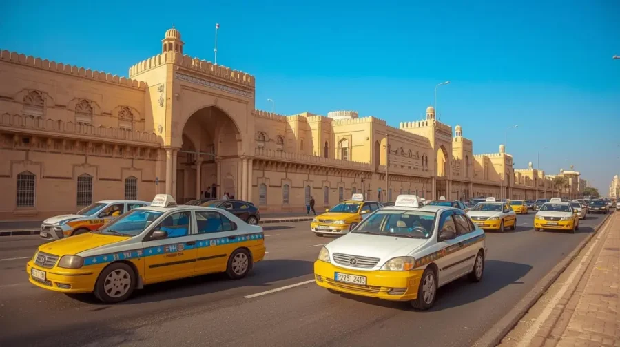 Yellow taxis on sunny Muscat street beside historic sand-colored fortress-style building.